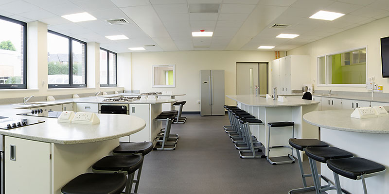 Soutlands High School Pano shot of a food tech room peninsular design layout