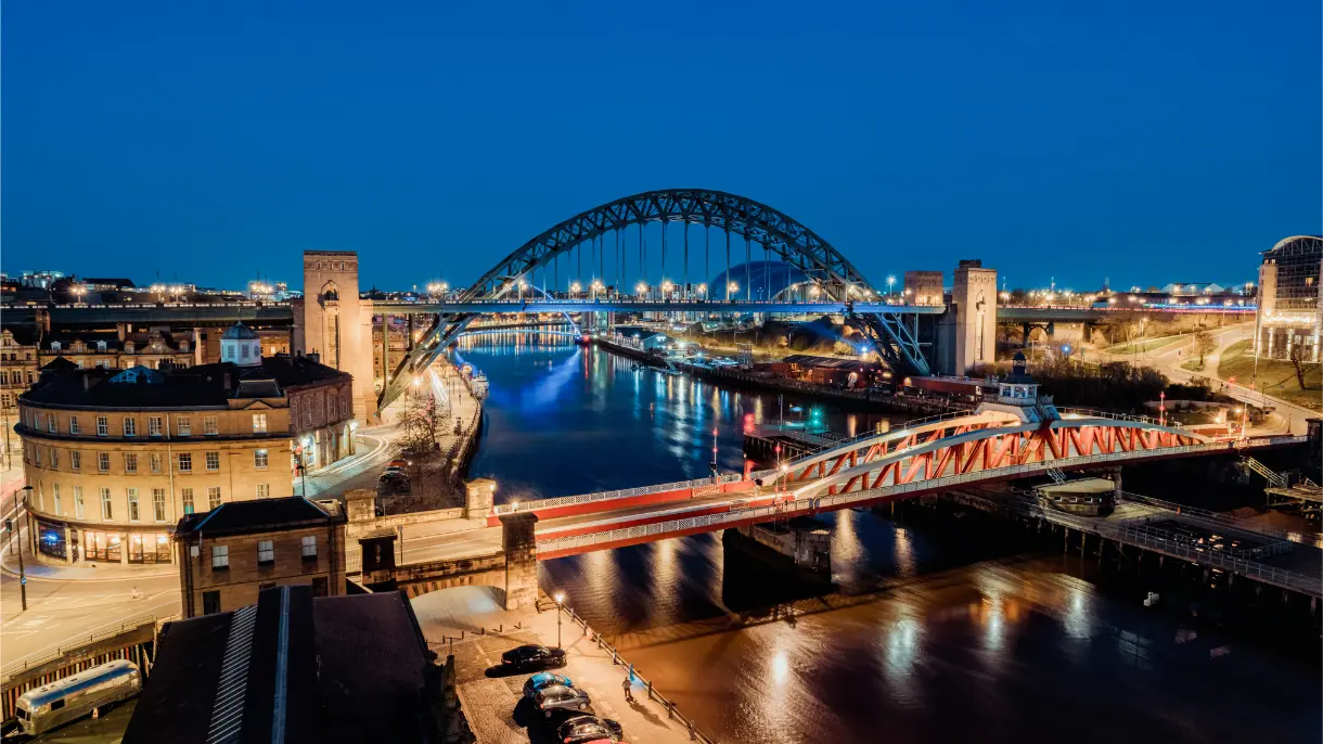 Newcastle upon Tyne quayside and Tyne Bridge at night